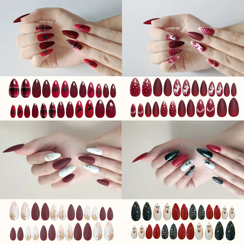 

24Pcs/Set Nail Art Stiletto Fake Nails Christmas Series Elk New Year Tree Coffin Sharp Full Nail Art Tips Artificial Designs