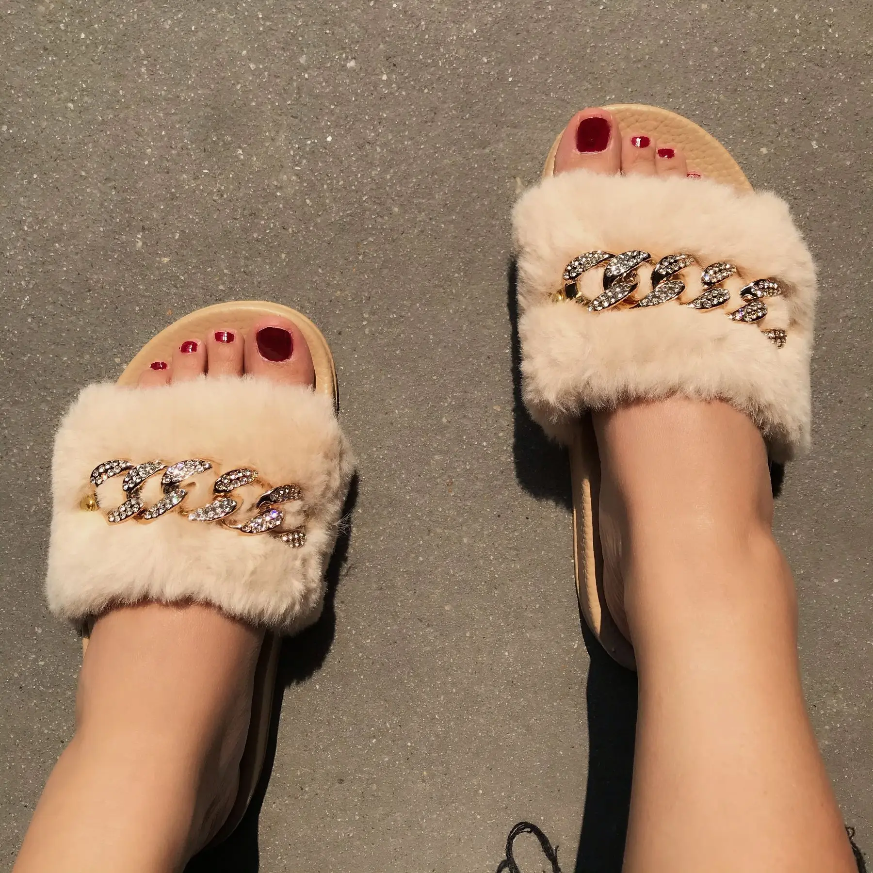 New Autumn Plush Slippers Fashion Open Toe Solid Color Women's Sandals Metal Chain Outdoor Casual Women's Shoes Plus Size