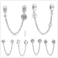 authentic 925 sterling silver daisy flower with crystal safety chain charm bead fit pandora bracelet necklace jewelry