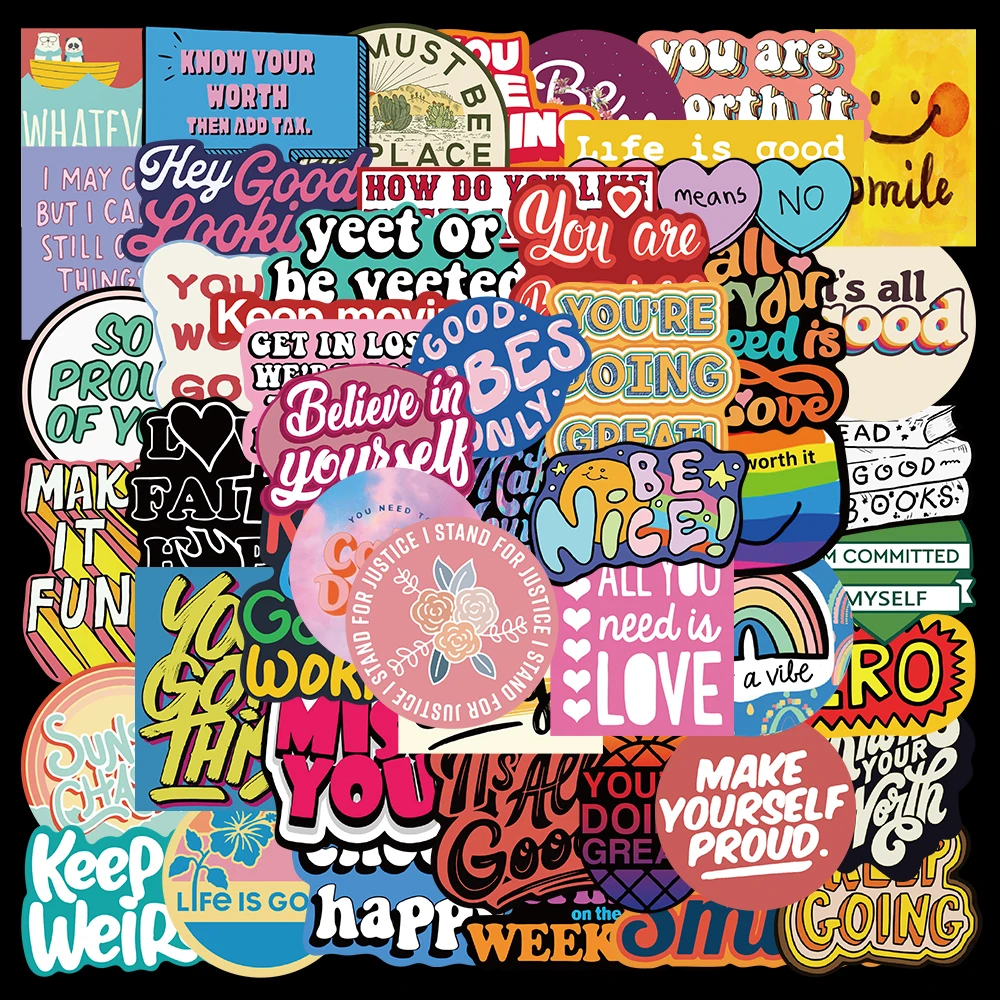 

10/50pcs English Letters Inspirational Quotes Cartoon Sticker for Laptop Computer Car Skateboard Helmet Kid Toy Decals Stickers