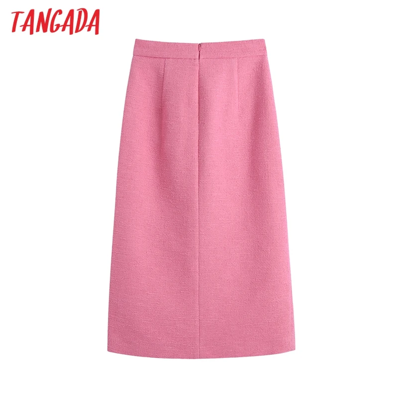 

Tangada French Style Women Buttons Front Slit Pink Tweed Midi Skirt Vintage High Waist Zipper Female Skirts Mujer BE520
