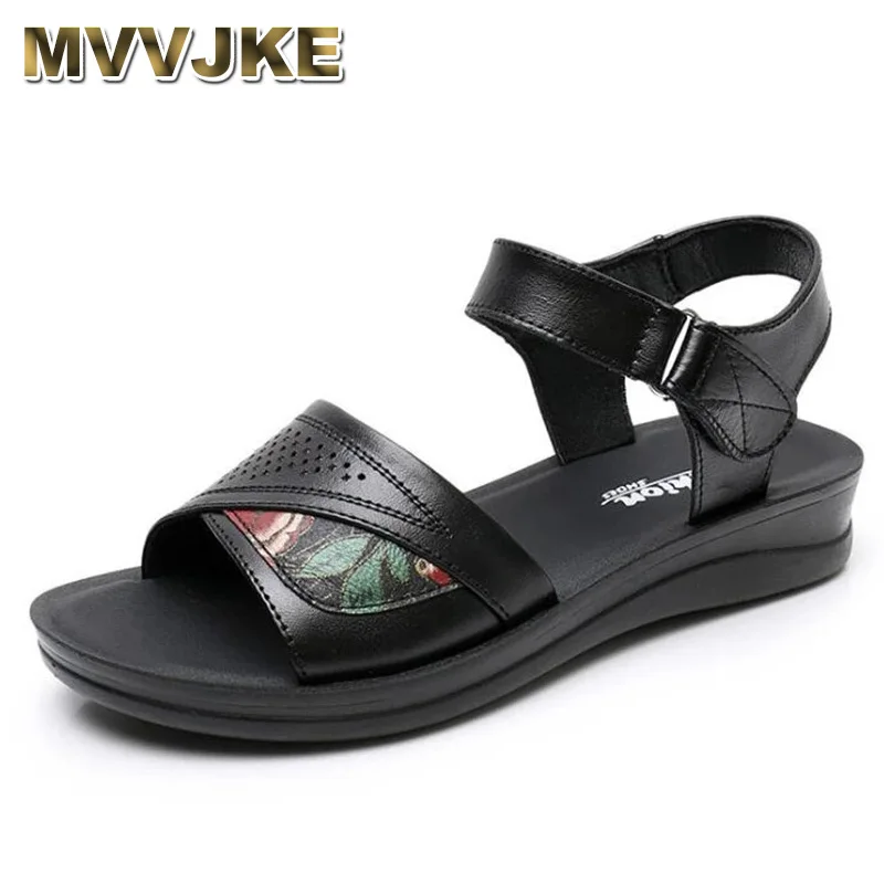 

MVVJKENew Hollow Printing Genuine Leather Sandals Fashion Casual Sandals Summer Mom Sandals Comfortable Flat Women Sandal Shoes