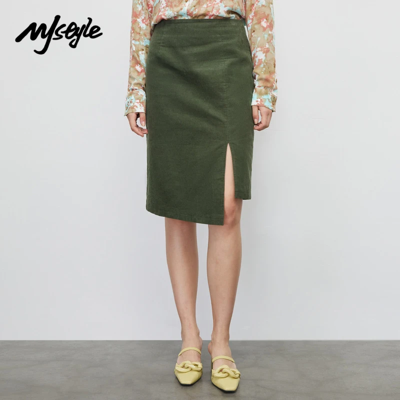 

MJstyle 2021 Fall INS Girl Women Vintage Elegant Casual Irregualr Knee Length Corduroy Skirt High Waist Office Lady 721070031