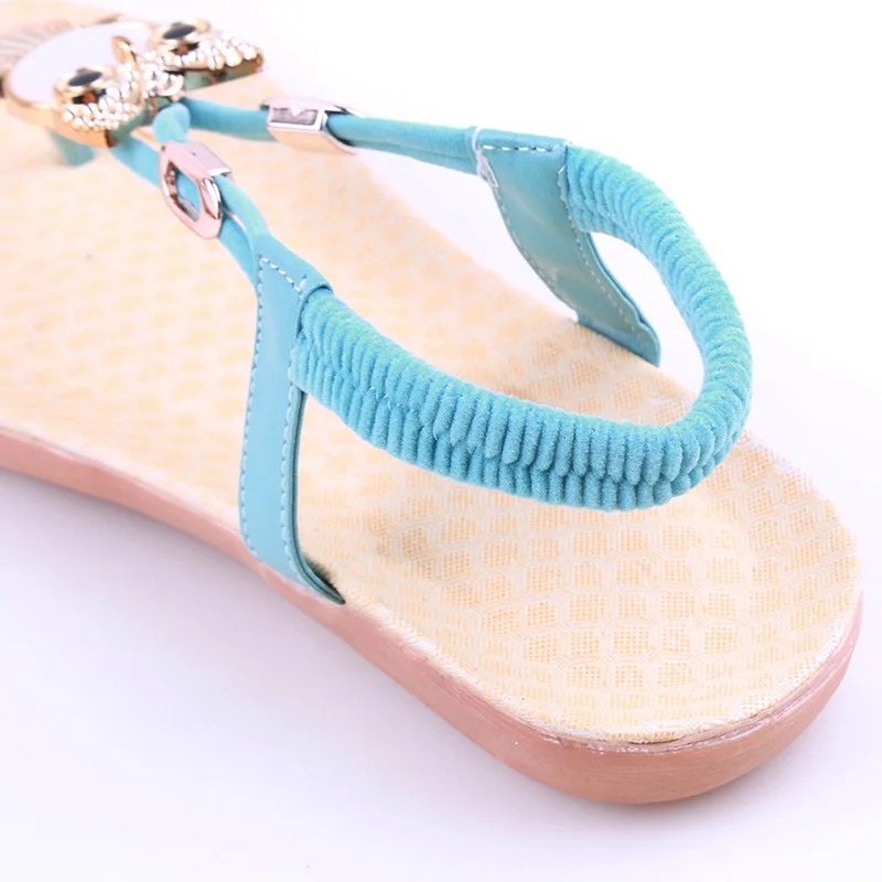 Женские сандалии на плоской подошве черные синие бежевые со стразами|Боссоножки