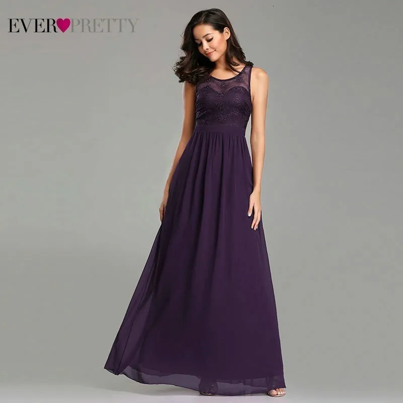 Темно-фиолетовый платье подружки невесты с Ever Pretty с О-образным вырезом с кружевной аппликацией, без рукавов Вечерние платья элегантные свадебные платья