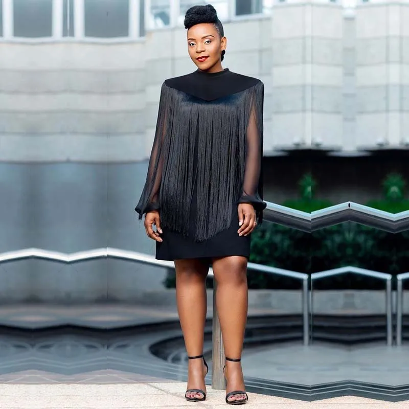 Черное платье с кисточками Женская африканская одежда шифоновый комплект из