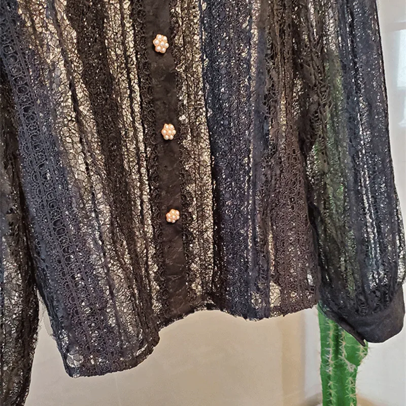 VERHELLEN High Quality Luxury Designer Runway Shirts 2020 Spring Women's Long Sleeve Pearl Button Lace Embroidery Loose Blouses | Женская