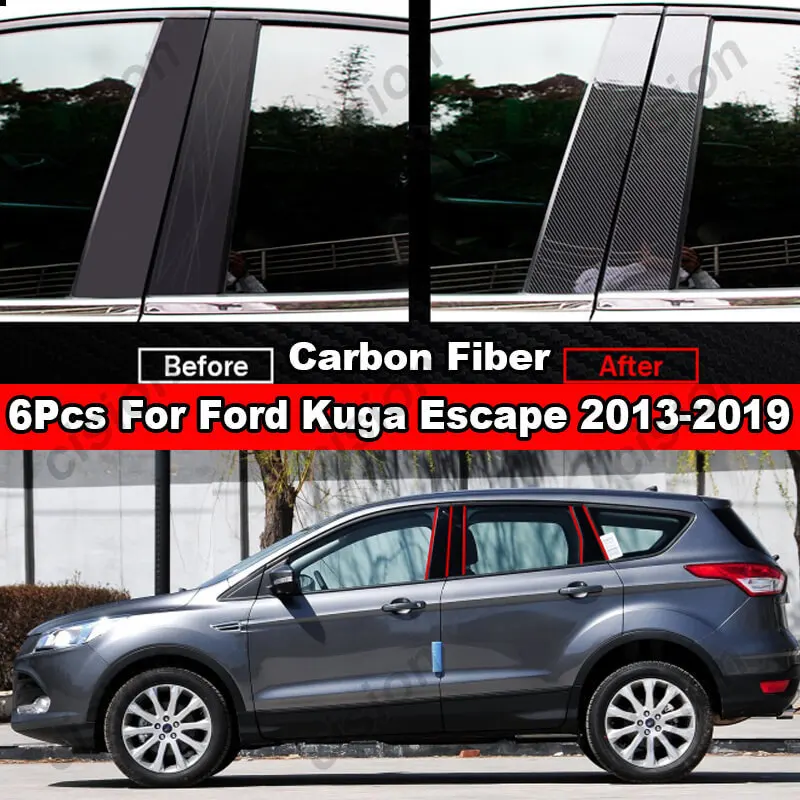 

6x Glossy Carbon Fiber Black Car Door Window Column BC Pillar Post Cover Trim PC Material Sticker For Ford Kuga Escape 2013-2019