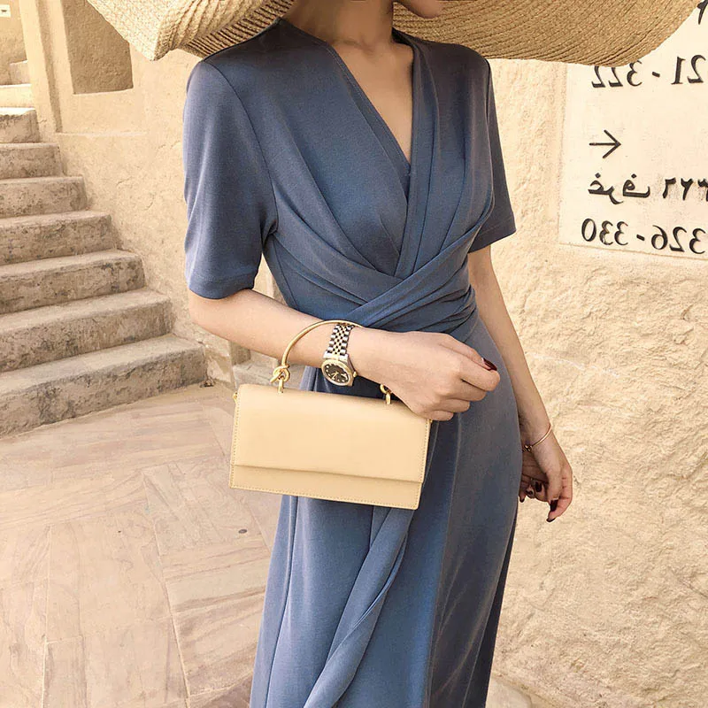 Французский цвет меди атласное платье для женщин элегантное Ретро v-образным