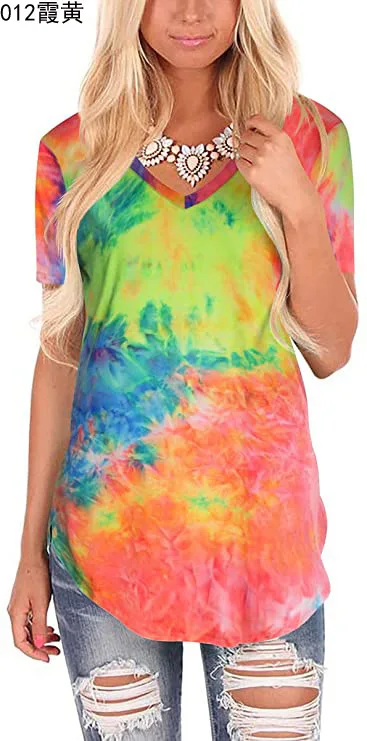 

Spot 2021 European and American spring and autumn fashion solid color collar short sleeve loose tie-dye T-shirt pullover