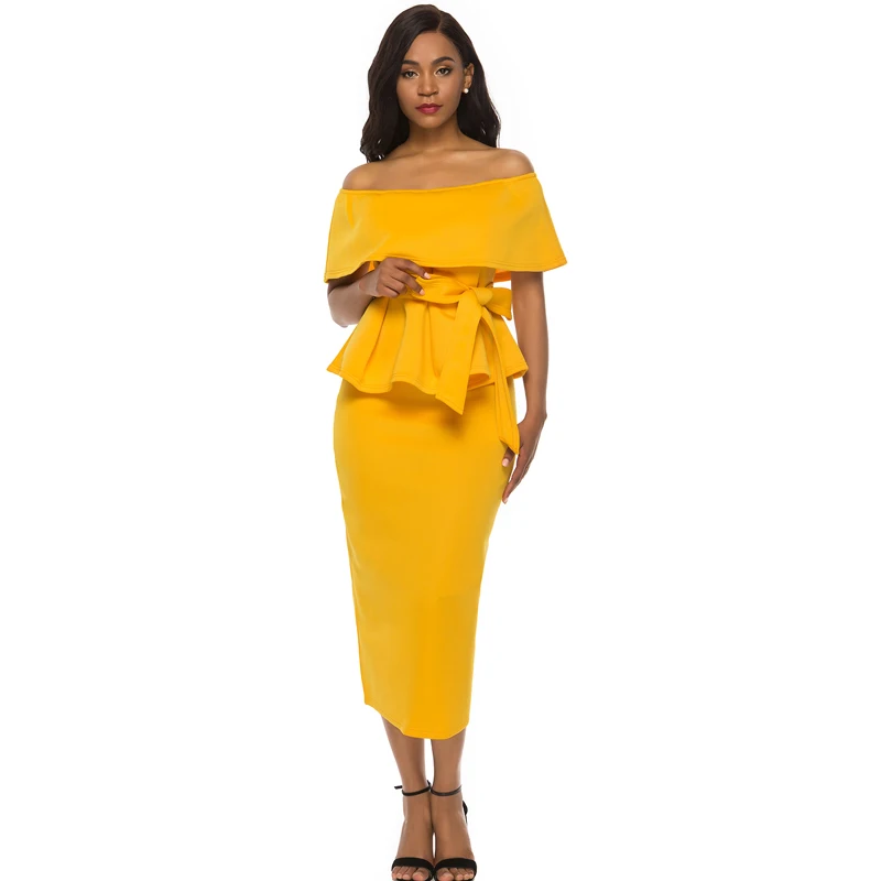 Женский комплект юбка топ с баской блузка открытыми плечами желтый два предмета