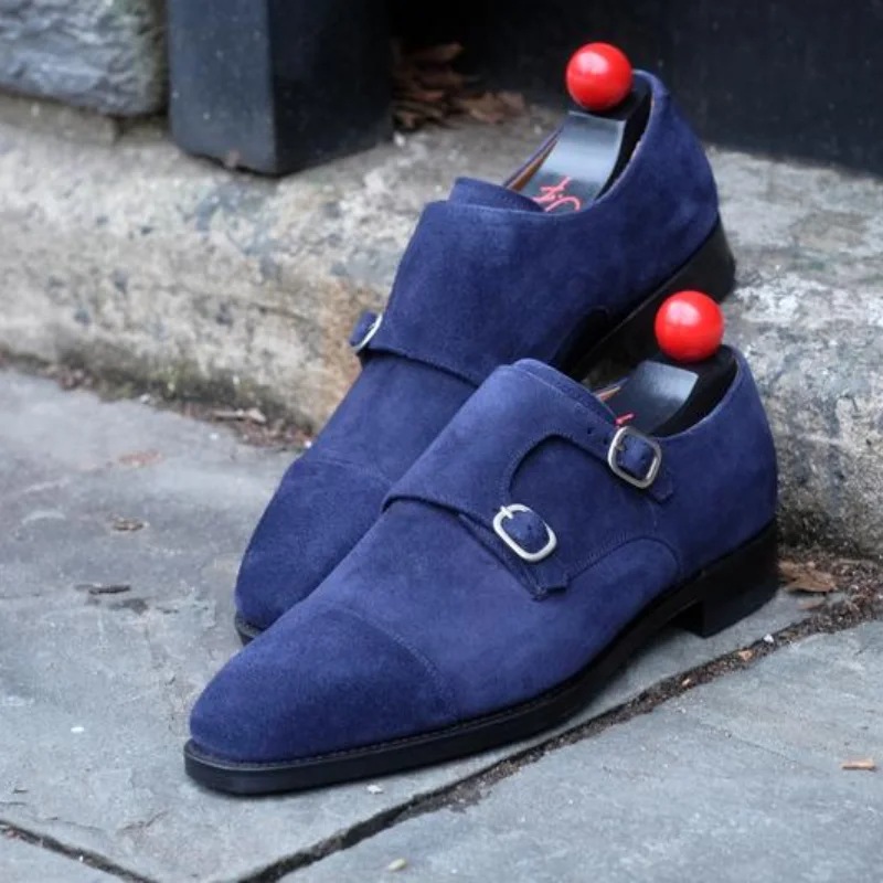 

New Men Fashion Trend Classic Retro Blue Suede Double Buckle British Gentleman Elegant Business Casual Dress Monk Shoes 7KG469