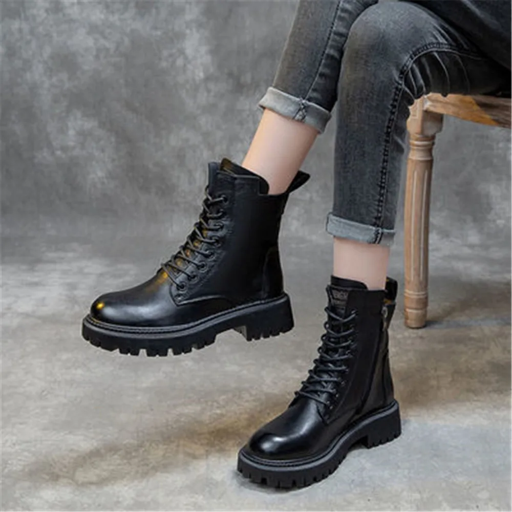 

Women's British Style Motorcycle Boots Female 2022 Autumn Winter New Thick Heel Lace Up Short Booties Side Zipper Sneakers Black