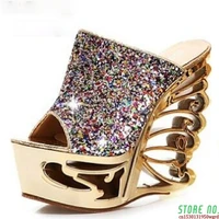 women 2019 new arrival summer glitter wedges slippers lady sexy cutout platform fashion high heels open the toe sandals