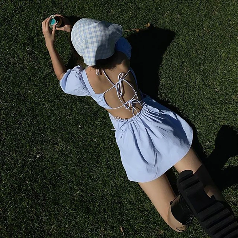 

Female Backless Dress, Solid Color Square Collar Short Puff Sleeve 1Piece for Summer Holiday Travelling Dating, Blue, S/M/L
