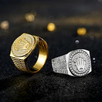 fashion personality gold plated crown ring iced out rhinestone ring rock hip hop jewelry men and women party ring accessories