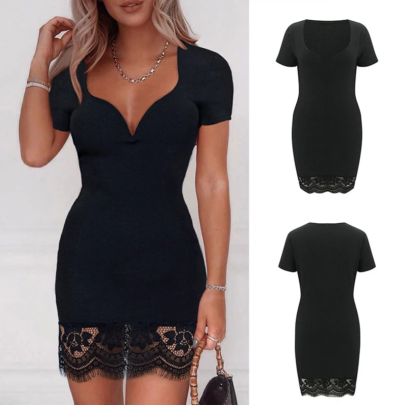 

Euramerican Summer Dress Sexy Low Chest V Collar Black Lace Lace Dress Women V Neck Fashion Short Sleeve Mini Bodycon Dress
