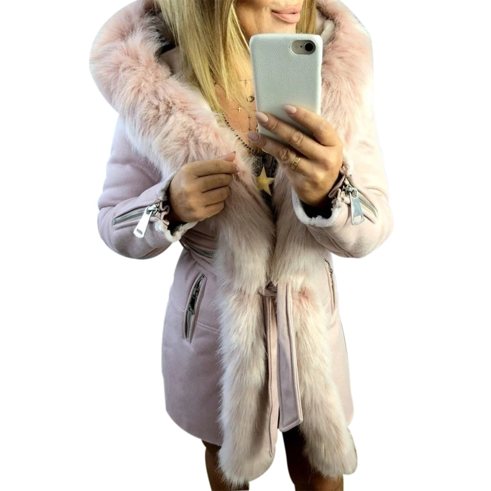 pink Куртка с капюшоном, пальто для женщин, средней длины, воротник из плюша, однотонный пояс, парка, теплая мягкая меховая верхняя одежда, осенняя зимняя куртка размера плюс - Цвет: pink