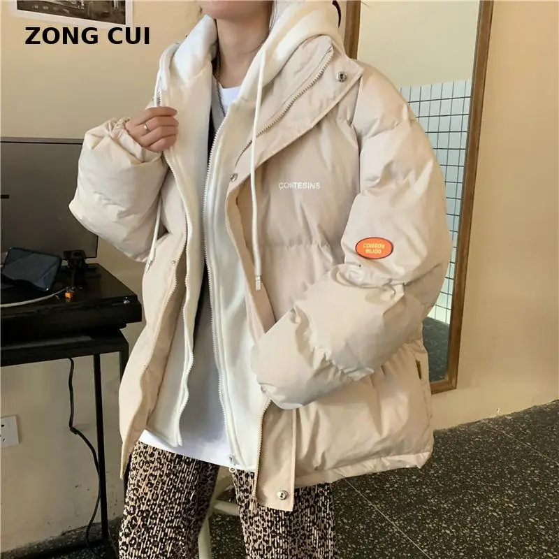 

Женская хлопковая куртка с капюшоном, повседневная однотонная Толстая куртка свободного покроя в Корейском стиле, Студенческая куртка ове...