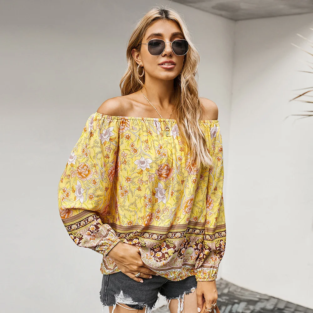 

Sexy Shirt Retro Elegant Print One Shoulder Top Bluzas Mujer Fashion Flower Long Sleeve Ladies Top Loose Printed T Shirt Women