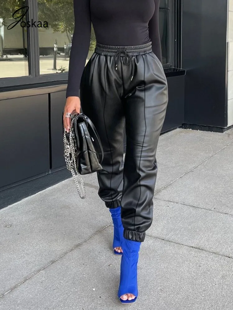

for Women Faux Leather Bodycon Moto Biker Streetwear Drawstring Black Sexy Pleated Bottoms High Waist PU Jogger Trouser