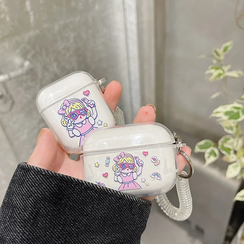 

For AirPods Case Cute Selfie Girl Soft TPU Transparent Earphone Case For AirPods 2 3 AirPods Pro Earphones Cover with Lanyard