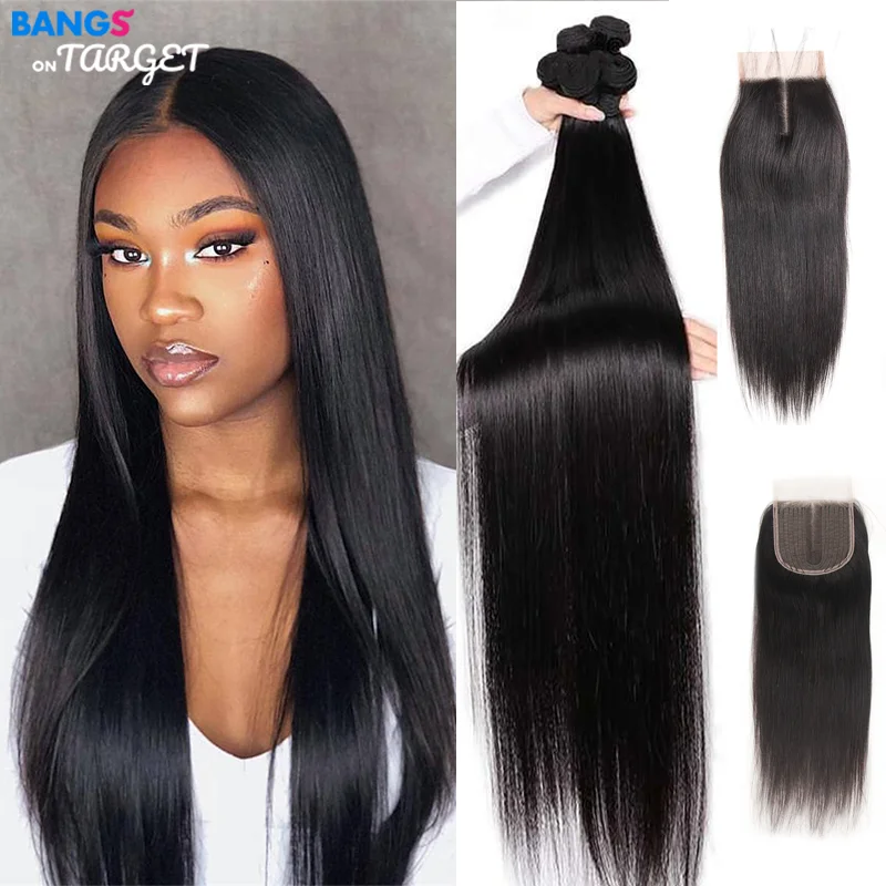 36 38 40 inch Long Straight Bundles With Closure Human Hair Brazilian Hair Bone Straight Extension With 5x5x1 Closure For Women