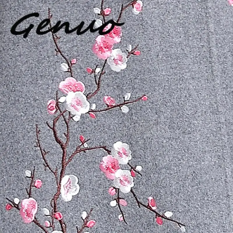 Женское шерстяное пальто с вышивкой длинное жаккардовое большого размера в