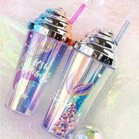 electroplated glitter water cup with straw double layer plastic creative carton mermaid mug for milk coffee tea cup novelty gift