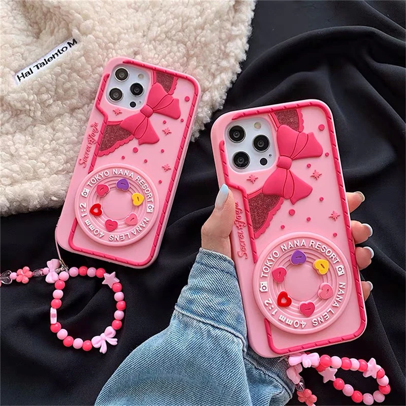 

3D Cute Pink Kawaii Camera with Bow Girl Gift Phone Case for IPhone 11 12 Pro Max X XR XS Max SE 7 8 Plus Soft Silicone Cover