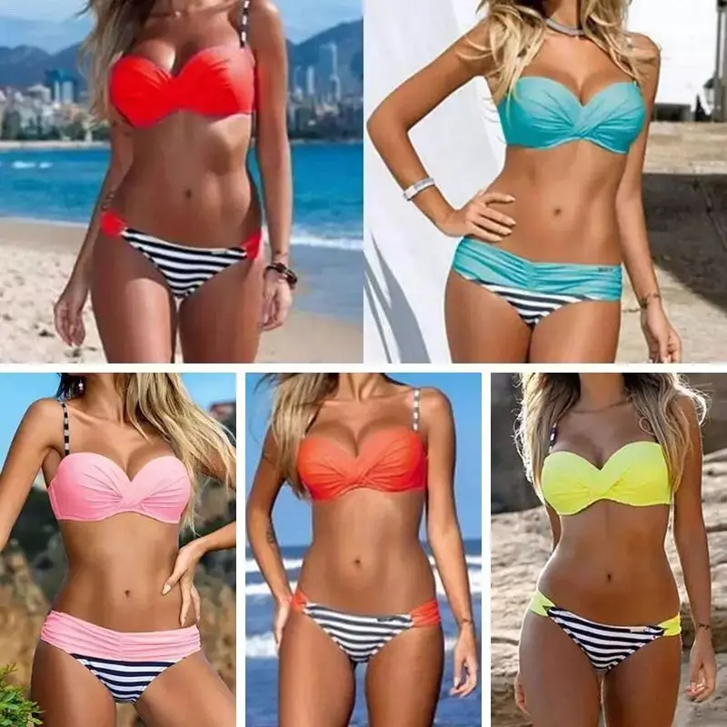 2019 Женский комплект бикини сексуальный мягкий купальник голубой и желтый пуш ап