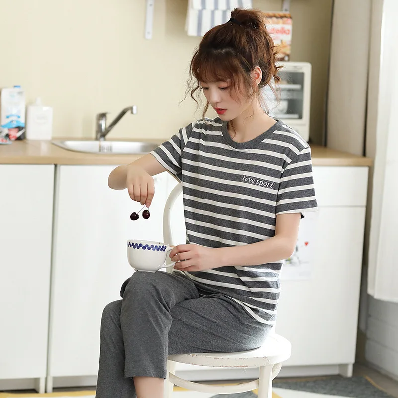 New Summer Pajamas Women's Cotton Round Neck Pullover Short Sleeve Trousers Nightwear Home Wear Suit Sleepwear Cotton Pajama Set