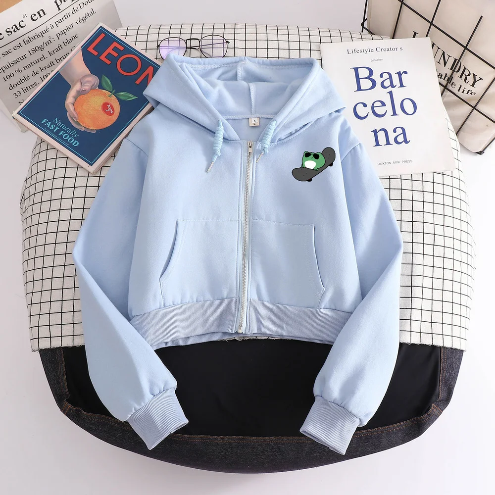 

Zipper Hoodie Women Crop Top Harajuku Frog Print Cute Hoodies for Teens Girl Kawaii Sweatshirt Streetwear Jacket Aesthetic Top