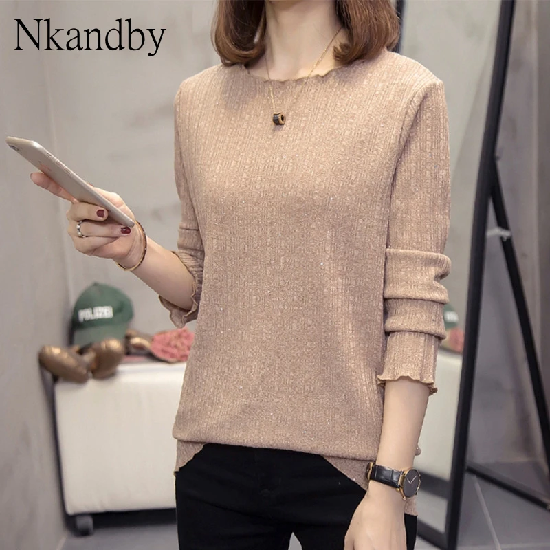 Женская трикотажная футболка с длинным рукавом в Корейском стиле|Футболки| |