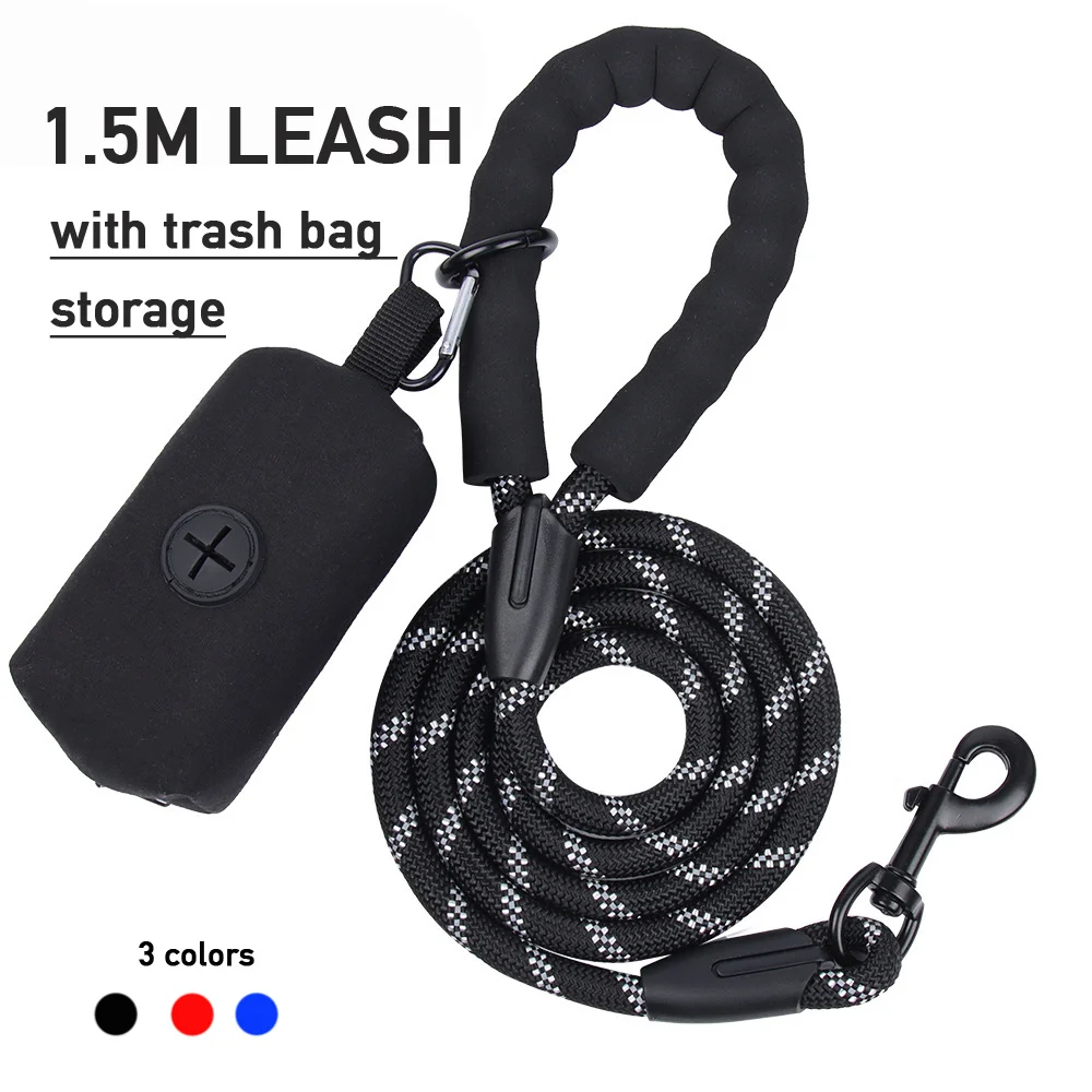 

1.5M Foam Handle Round Thick Leashes Reflective Strong Large Dogs Walking Leading Rope with Trash Bag Container Durable
