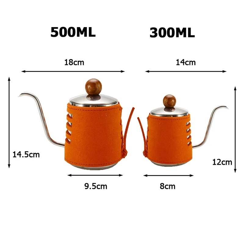 

0.3L/0.5L Stainless Steel Handleless Anti-Hot Coffee Pot Drip Kettle with Gooseneck Spout Leather Cover Swan Neck Coffee Tea Pot