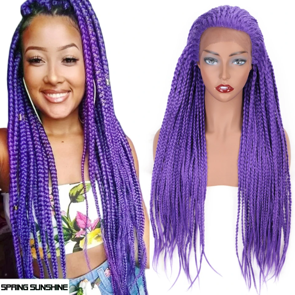 

26 дюймов, синтетический бесклеевой Плетеный короб, оплетка, кружевные передние парики, длинный черный коричневый фиолетовый парик для афро ...