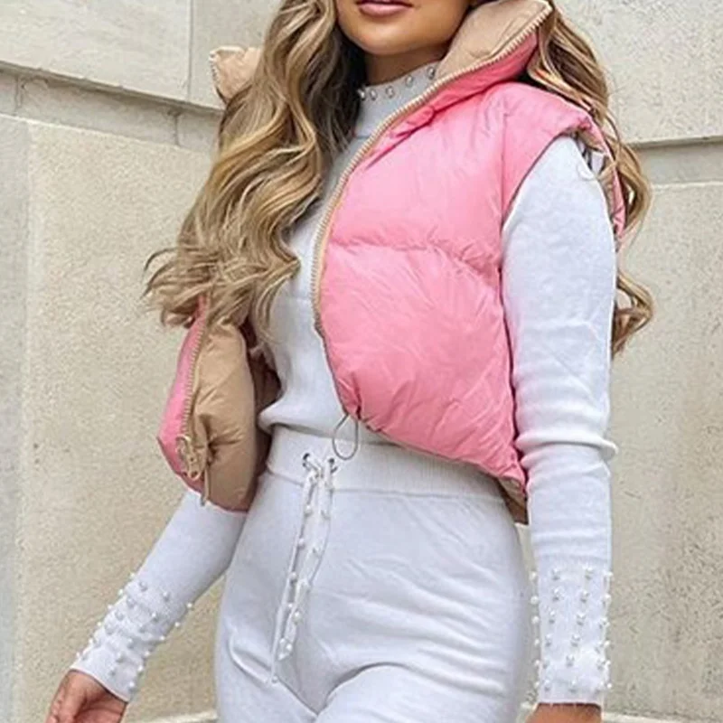 

Новинка, женский милый розовый жилет с искусственными элементами, сохраняющий тепло, безрукавка с воротником-стойкой, модный уличный жилет ...