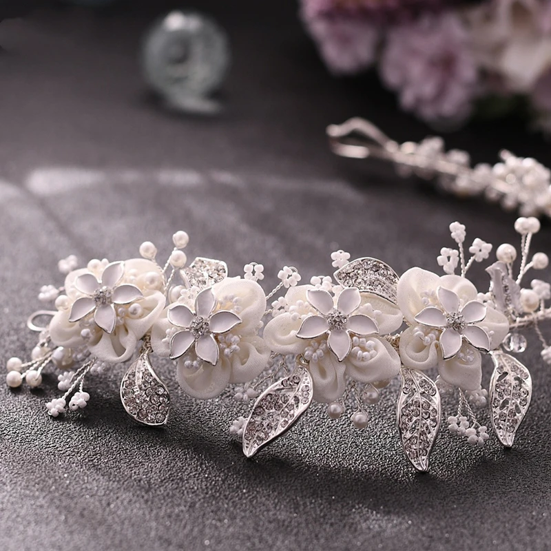SLBRIDAL Handmade Silver Color Crystal Rhinestones Pearls Flower Leaf Wedding Headband Bridal Hair Accessories Women Jewelry | Украшения и