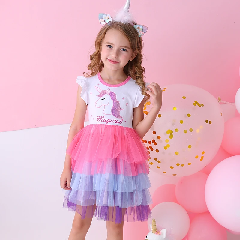 

DXTON Baby Dresses Girls Summer Kids Dress For Girls Licorne Flare Sleeve Children Party Costumes Letter Printed Girls Clothing