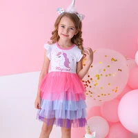 dxton baby dresses girls summer kids dress for girls licorne flare sleeve children party costumes letter printed girls clothing