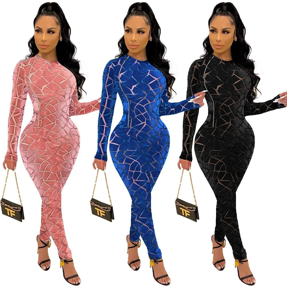 

Sexy Velvet Patchwork Zipper Jumpsuit for Women Long Sleeve Bodycon One Piece Night Club Wear Outdoor Streetwear Romper Hipster