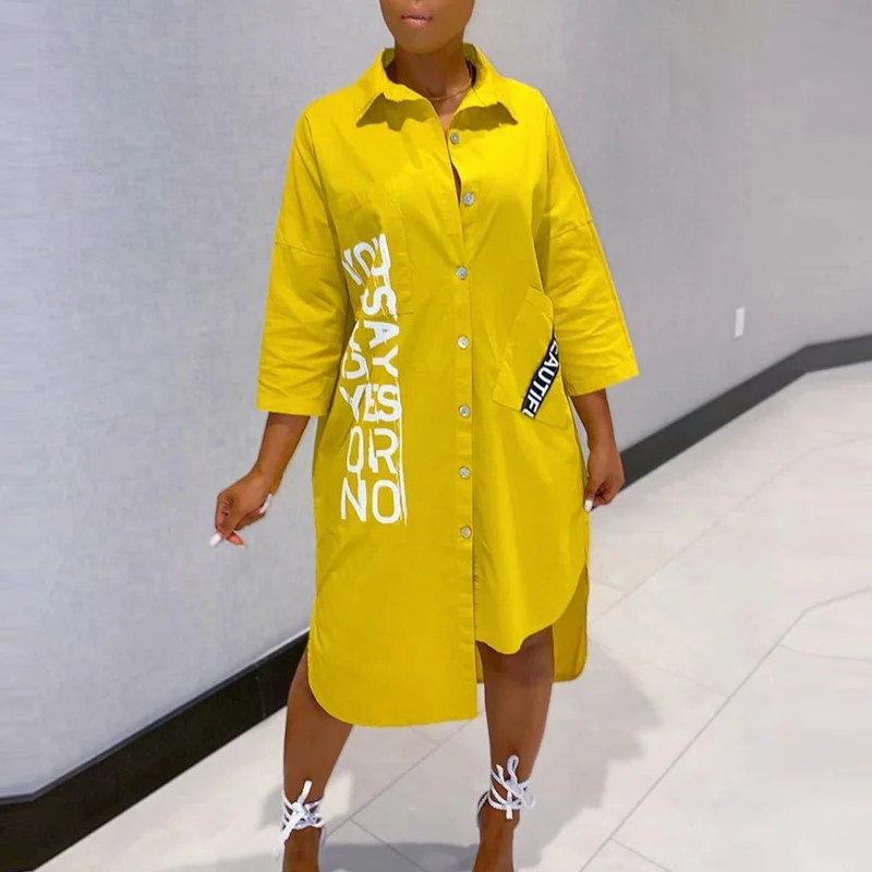 

Women Summer Letters Print Shirt Dress 2020 Streetwear Office Asymmetrical Knee-length Casual Dress Loose Midi Party Dress