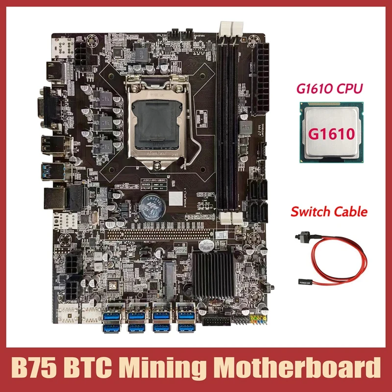 

B75 BTC Mining Motherboard+G1610 CPU+Switch Cable LGA1155 8XPCIE USB Adapter DDR3 MSATA B75 USB BTC Miner Motherboard