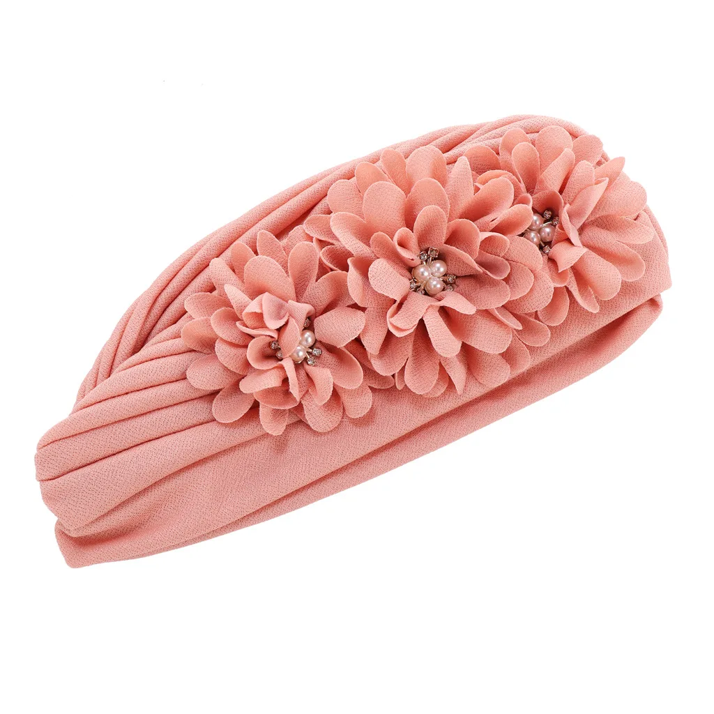 

New Flowers Ruffle Elegant Women Turban Head Scarf Muslim Elastic Pearls Pleated Bonnet Ladies Hair Accessories Indian Cap Mujer