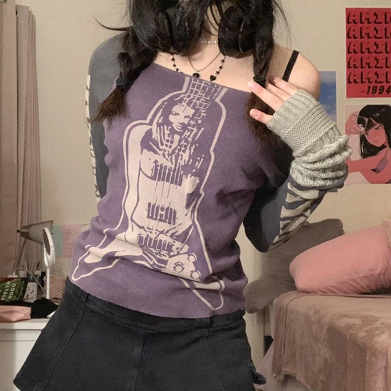 

2000s Retro Patchwork Long Sleeve Crop Top Hip Hop Harajuku T-shirt E-girl Punk Mall Grunge Emo Alt Clothes Women Pullovers Tees