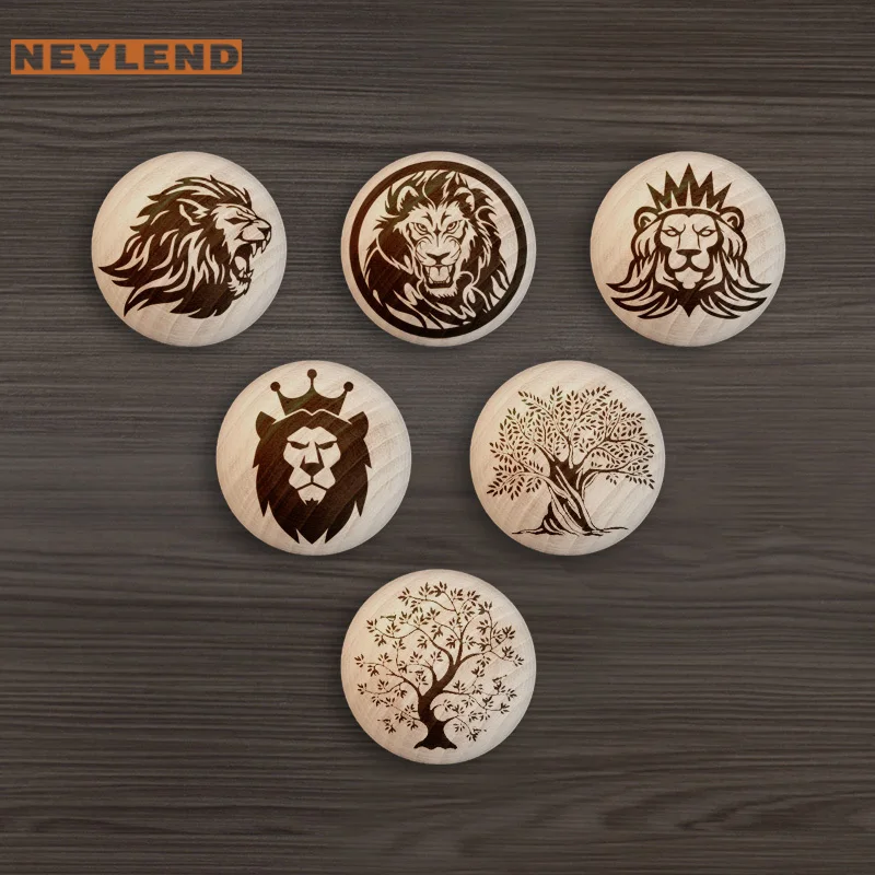 

NEYLEND Engraved Drawer Knob Wooden Lion Cabinet Pull Chic Wood Handle Single Hole Beech Circular Knob Furniture