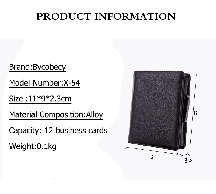 BYCOBECY из искусственной кожи RFID Модный чехол для карт алюминиевая коробка Высокое качество Многофункциональный визитница кошелек всплывающий держатель для карт