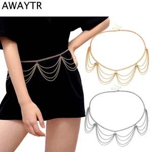 Женский многоуровневый пояс AWAYTR, регулируемый металлический пояс с бахромой, высокой талией, золотистогосеребристого цвета