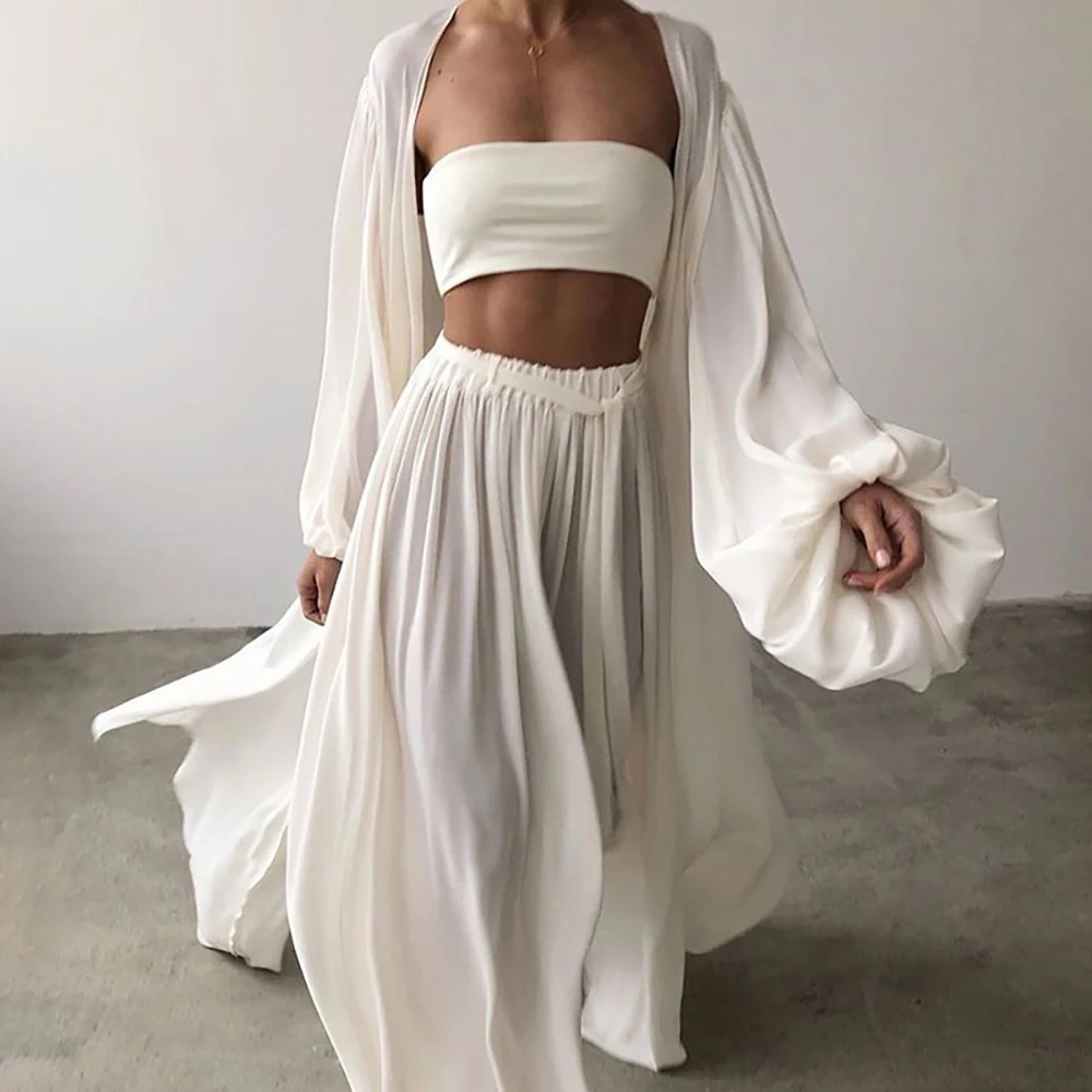 

Повседневный Женский комплект из трех предметов, осенний кардиган с запахом, топы с высокой талией, штаны, костюм, винтажные женские футболк...